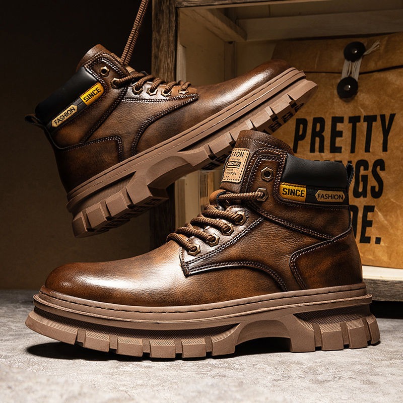Leather Work Boots - Stivaletti con plateau da uomo vintage